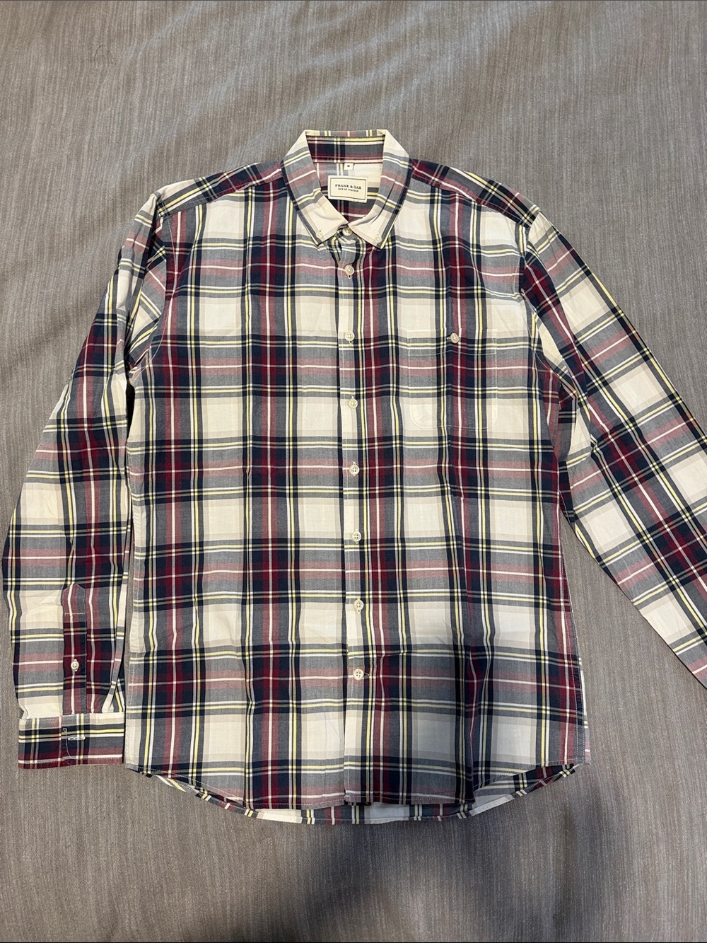 Frank & Oak White, Navy & Burgundy Plaid Button-Down Shirt